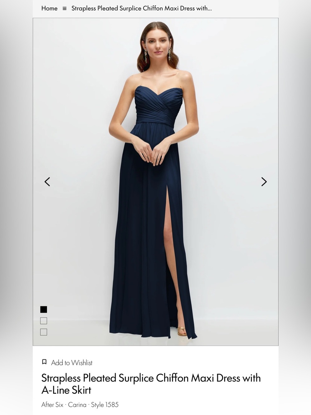 After Six Navy Strapless Pleated Chiffon Gown with Side Slit